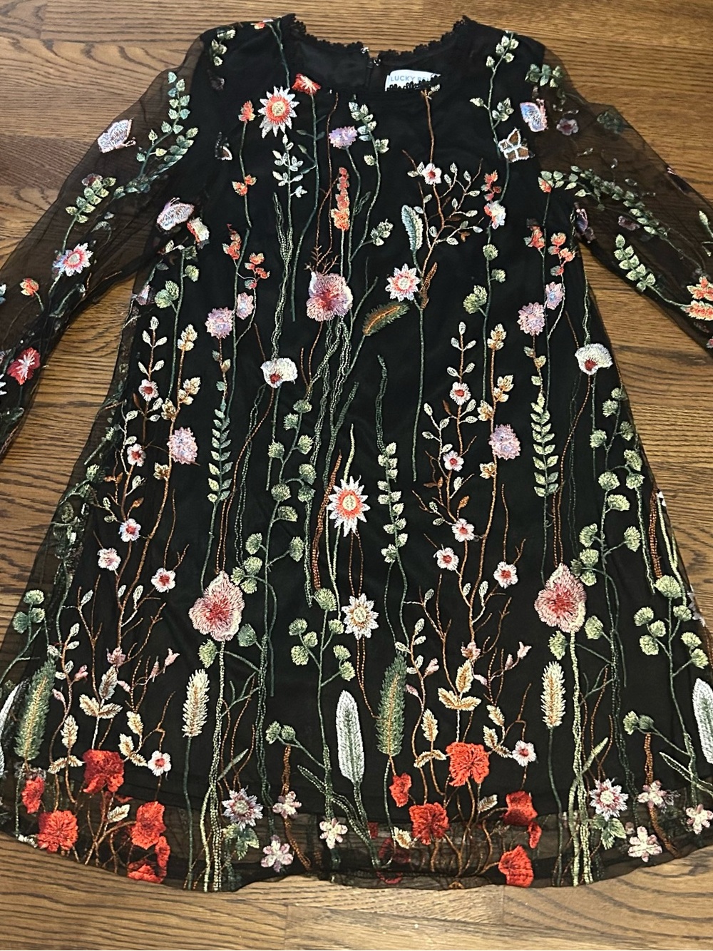 Embroidered Black shear Mini Dress with Floral embroidery and bell sleeves 0192 - Picture 1 of 12